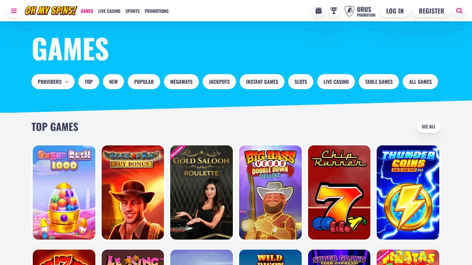 Ohmyspins Casino desktop games interface