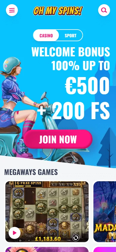 Ohmyspins Casino mobile browser home interface