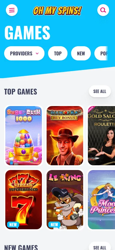 Ohmyspins Casino mobile browser games interface