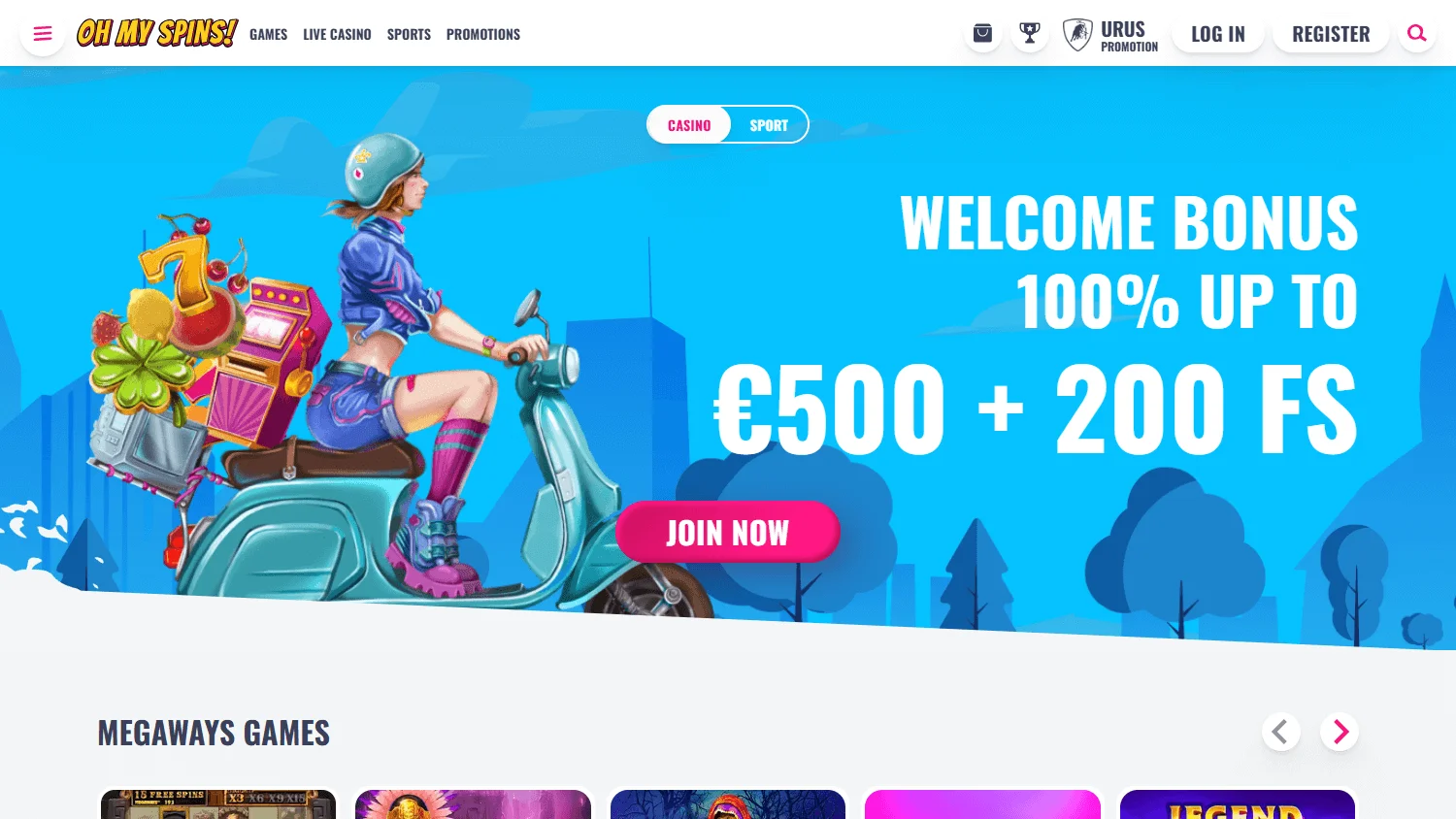 Ohmyspins Casino desktop home interface